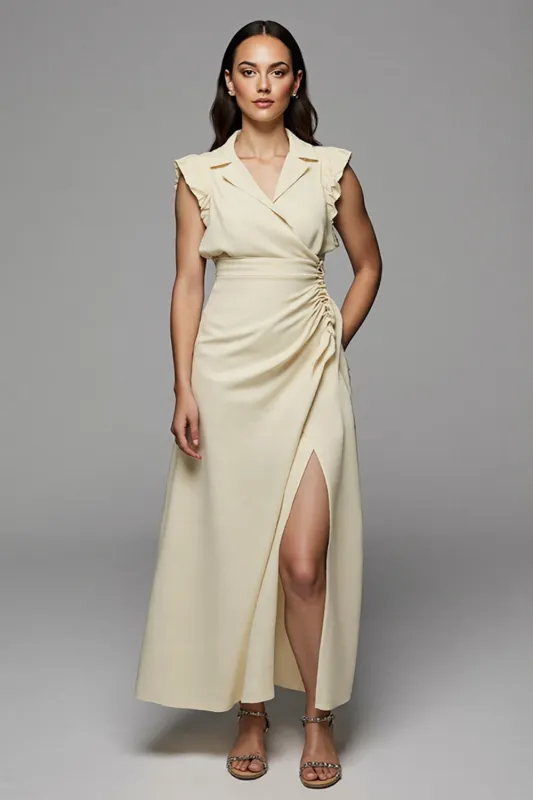 Apricot A-Line Polo Collar Ruffled Work Dress with Slit sold by Zapaka