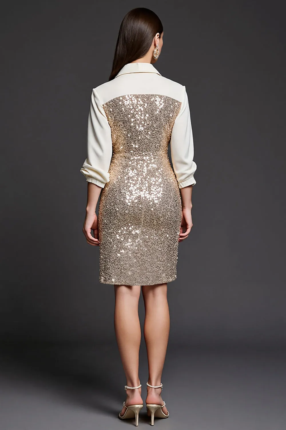 Sparkly Golden Bodycon V-Neck Work Dress with Sequins sold by Zapaka product image thumbnail 2