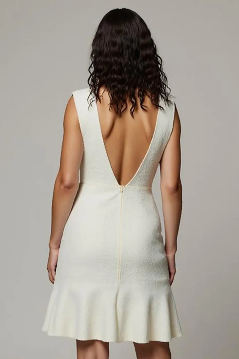 White A-Line V-Neck Ruffled Backless Work Dress with 3D Flower sold by Zapaka product image thumbnail 4