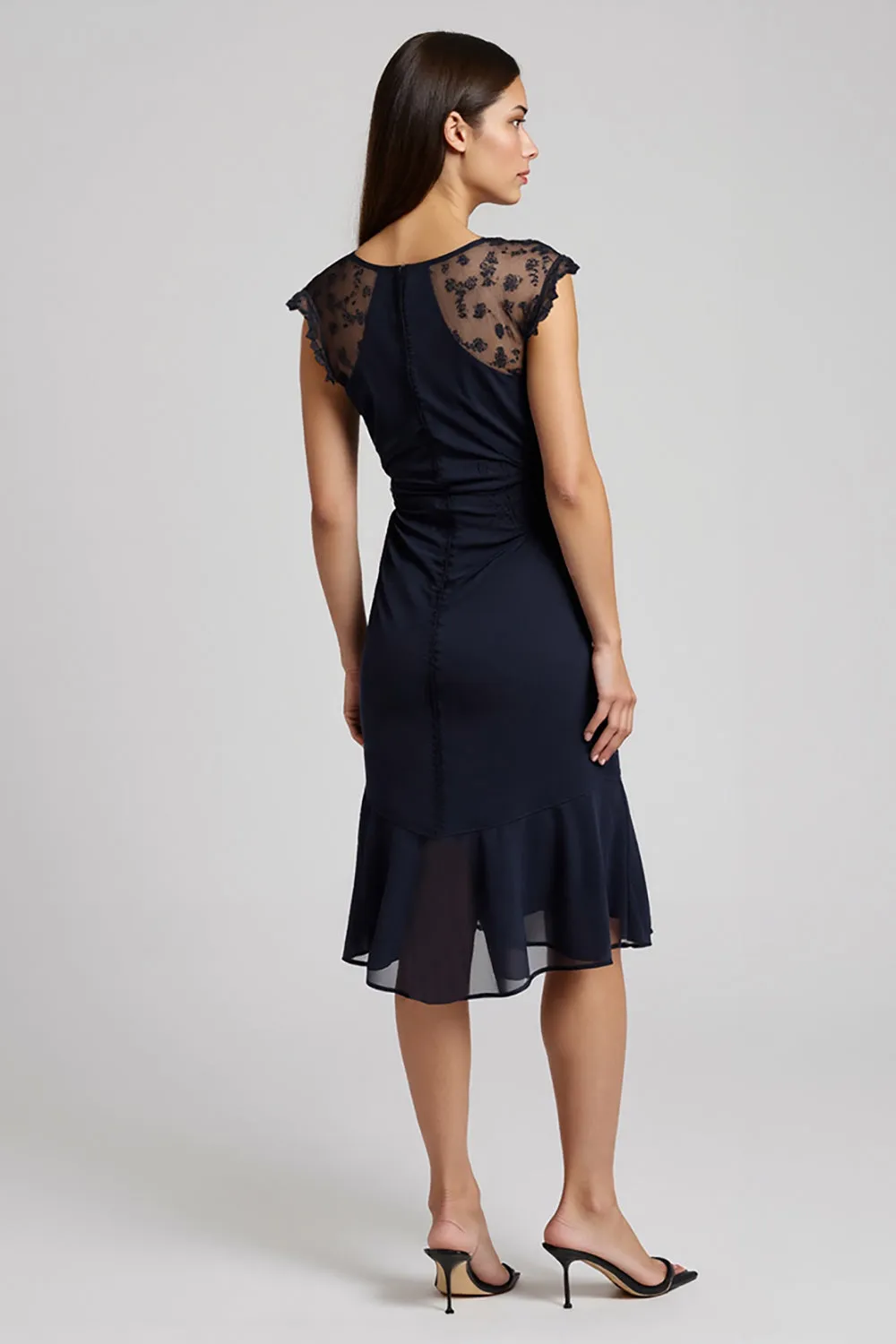 Navy V-Neck Short Chiffon Work Dress with Sash sold by Zapaka product image thumbnail 2