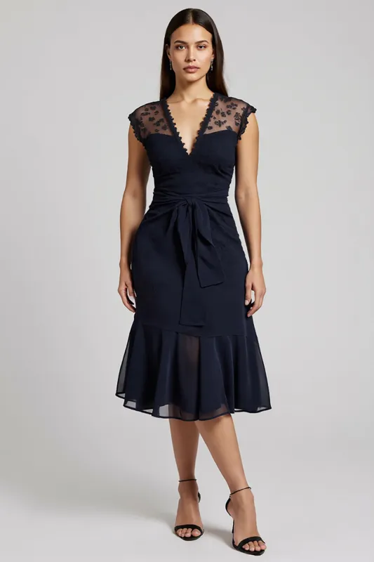 Navy V-Neck Short Chiffon Work Dress with Sash sold by Zapaka
