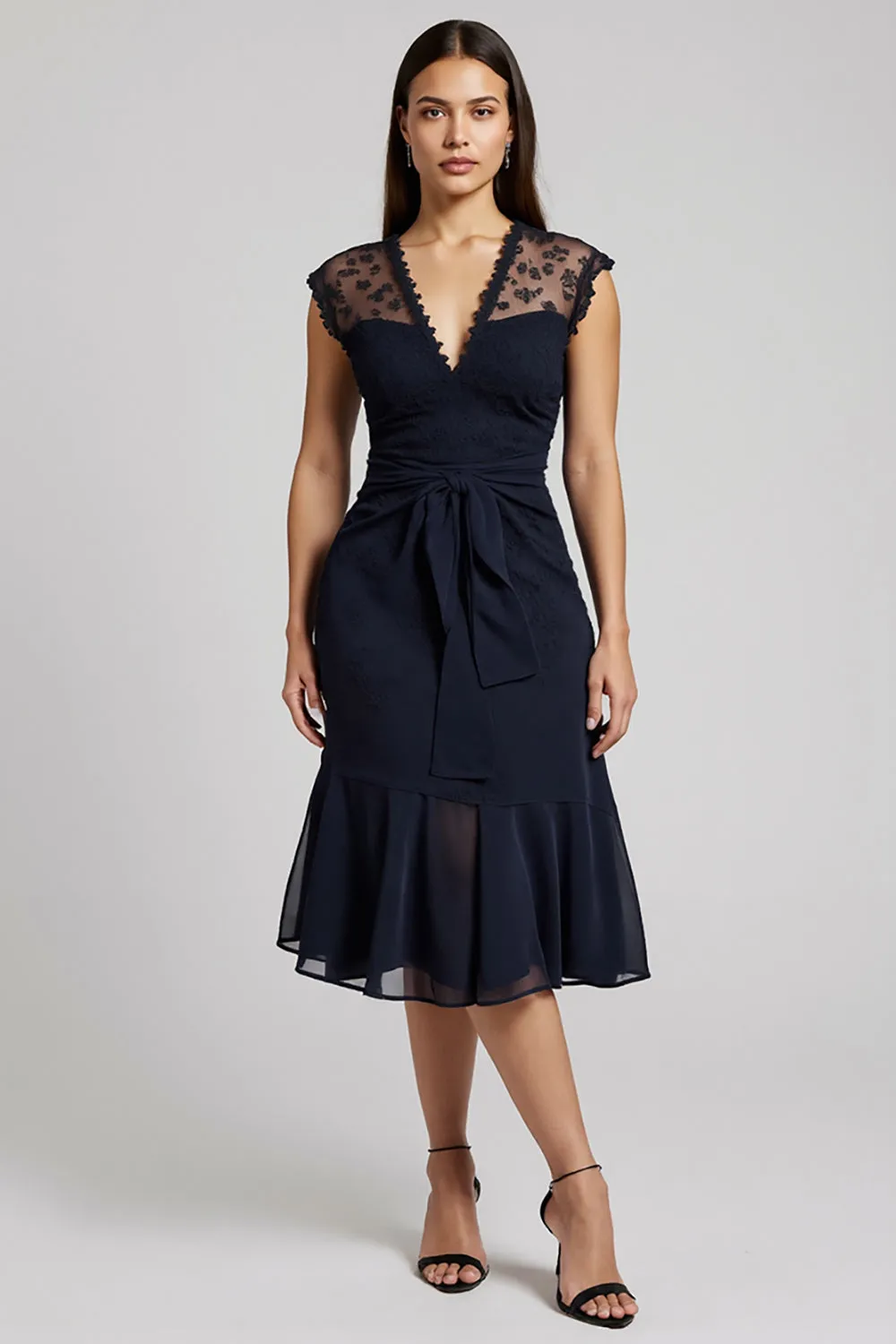 Navy V-Neck Short Chiffon Work Dress with Sash sold by Zapaka