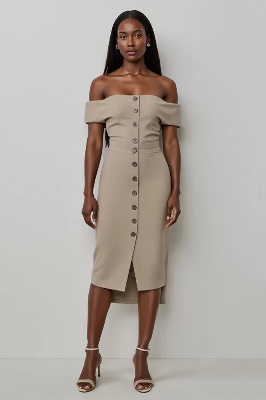 Khaki Satin Off the Shoulder Bodycon Midi Work Dress with Buttons sold by Zapaka