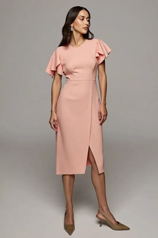 Orange Round Neck Bodycon Midi Ruffled Work Dress with Slit sold by Zapaka