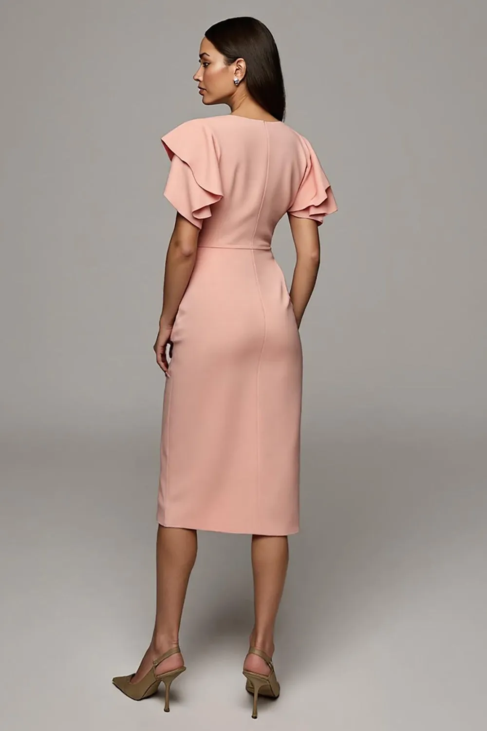 Orange Round Neck Bodycon Midi Ruffled Work Dress with Slit sold by Zapaka product image thumbnail 2