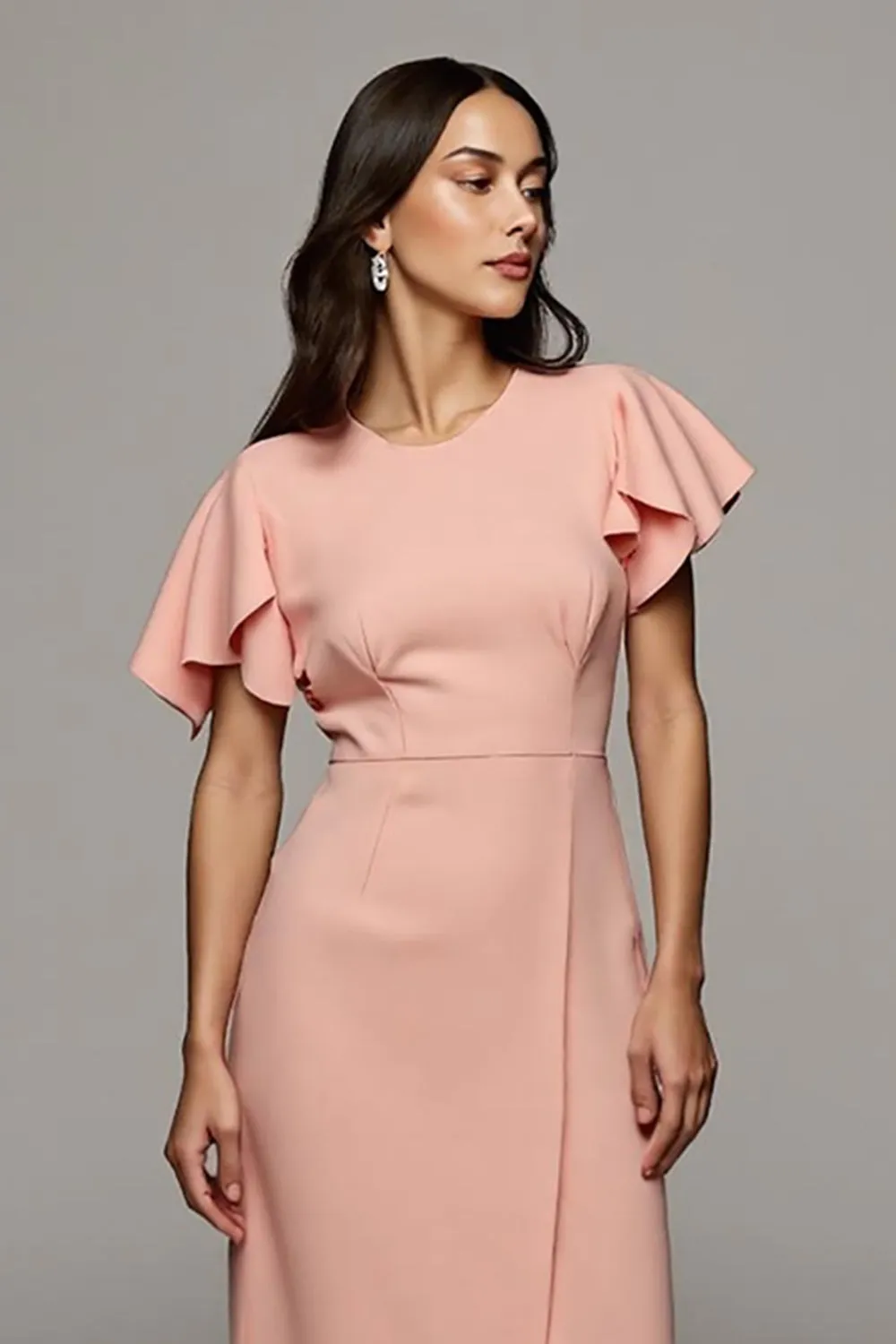 Orange Round Neck Bodycon Midi Ruffled Work Dress with Slit sold by Zapaka product image thumbnail 3