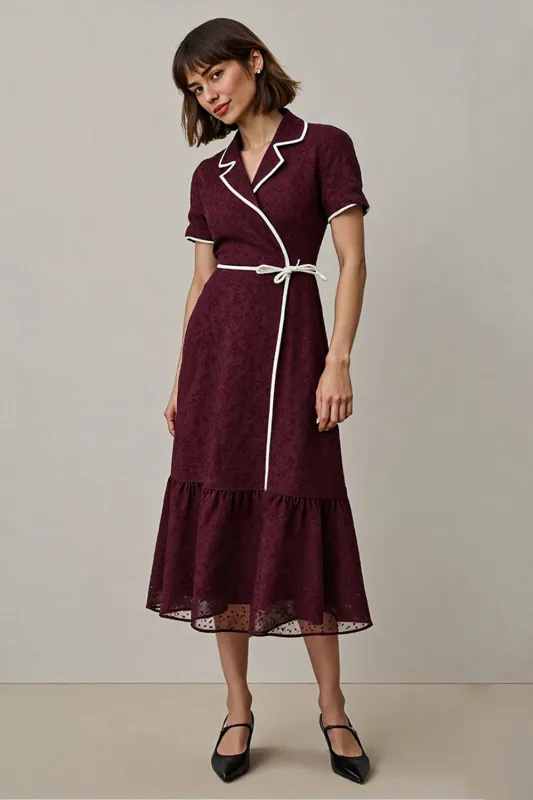 Burgundy Notched Lapel Midi Work Dess with Sleeves sold by Zapaka