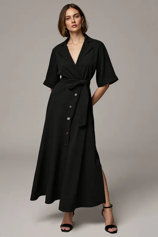 Black Notched Lapel Long Buttons Blazer Dress with Sleeves sold by Zapaka