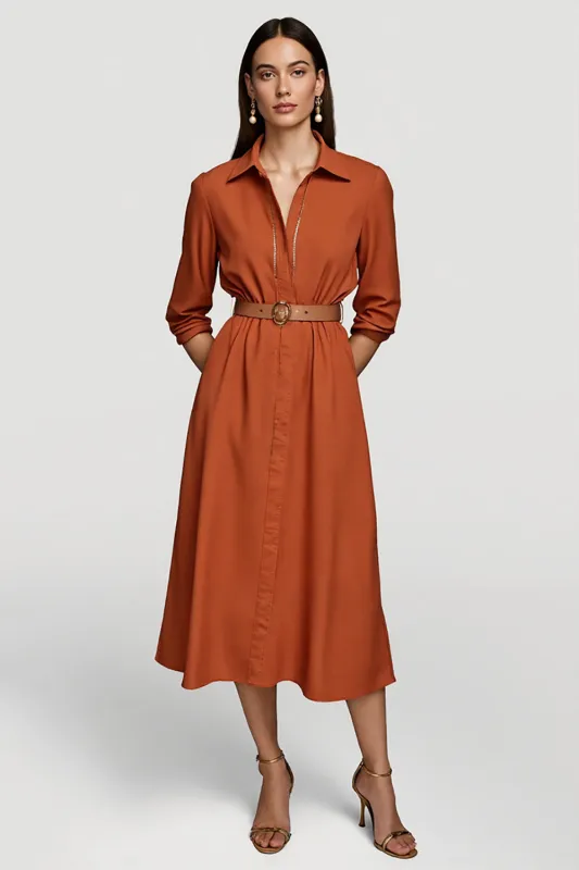 Orange Collar Neck Midi Shirt Work Dress with Belts sold by Zapaka