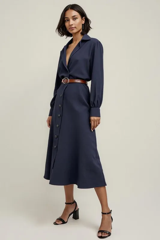 Navy Collar Neck Buttons Midi Shirt Work Dress with Sleeves sold by Zapaka