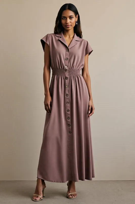 Grey Purple A Line Button Long Work Dress sold by Zapaka