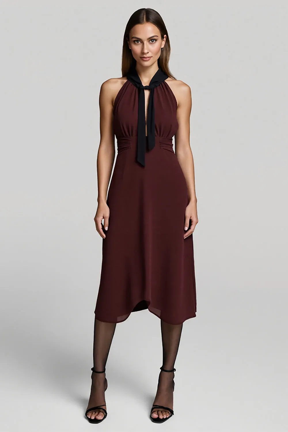 Burgundy Chiffon A Line Keyhole Midi Work Dress sold by Zapaka