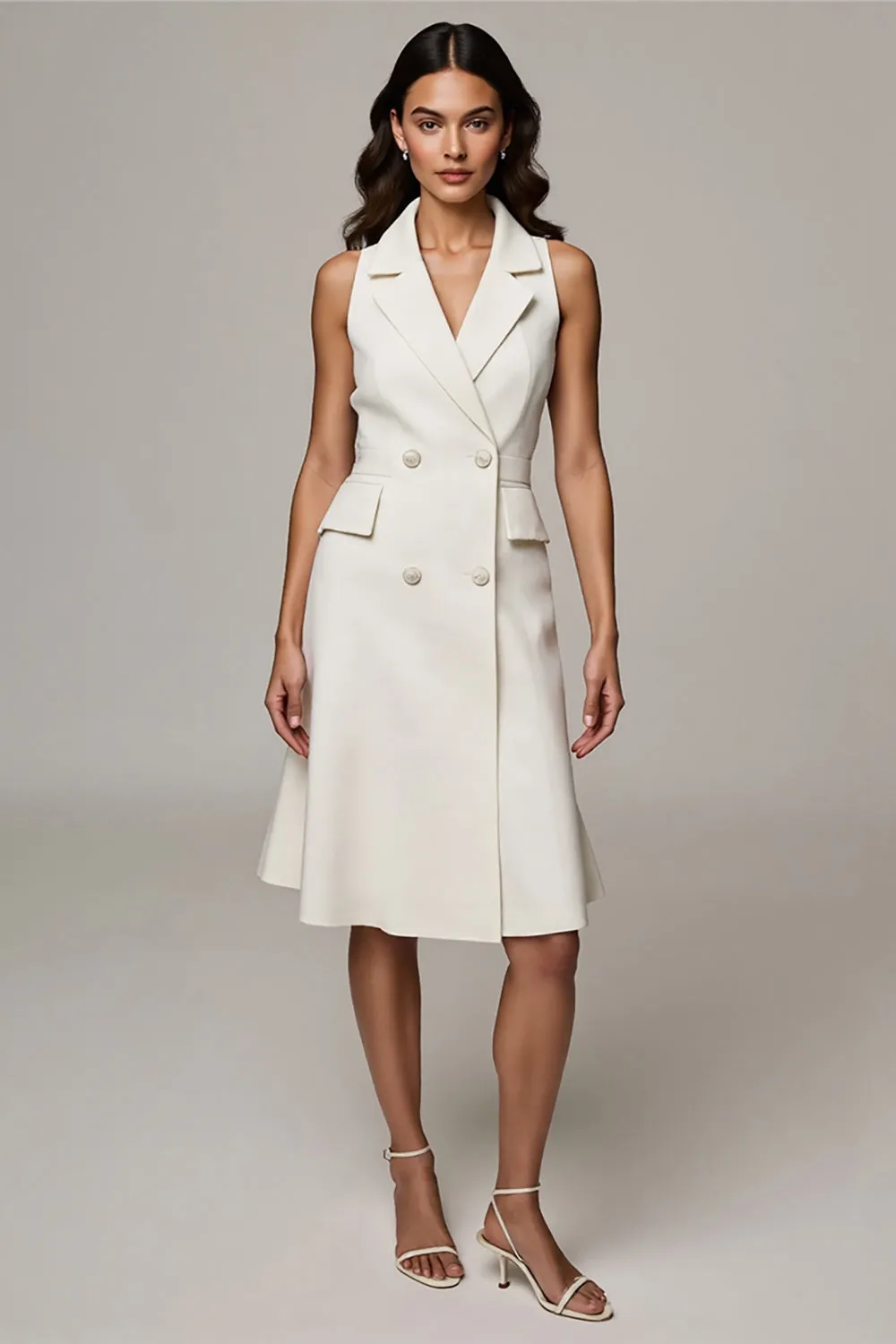 Ivory A Line Satin Notched Lapel Midi Work Dress sold by Zapaka