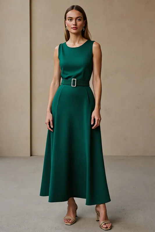 Dark Green Round Neck A Line Work Dress with Belt sold by Zapaka
