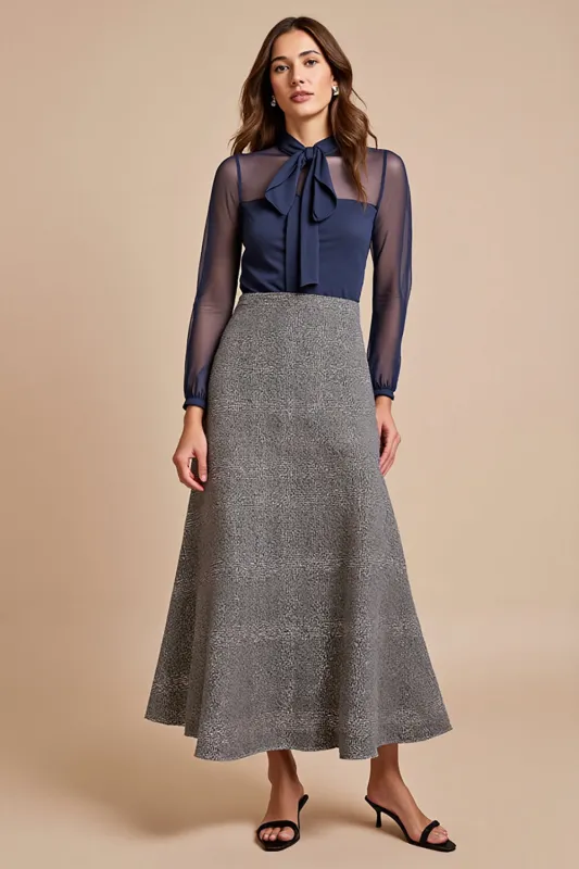 Long Sleeve A Line Grey Work Dress With Sash sold by Zapaka