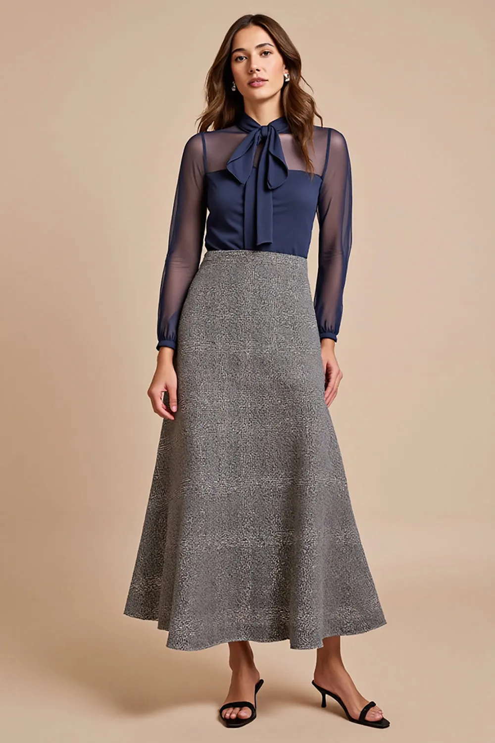 Long Sleeve A Line Grey Work Dress With Sash sold by Zapaka