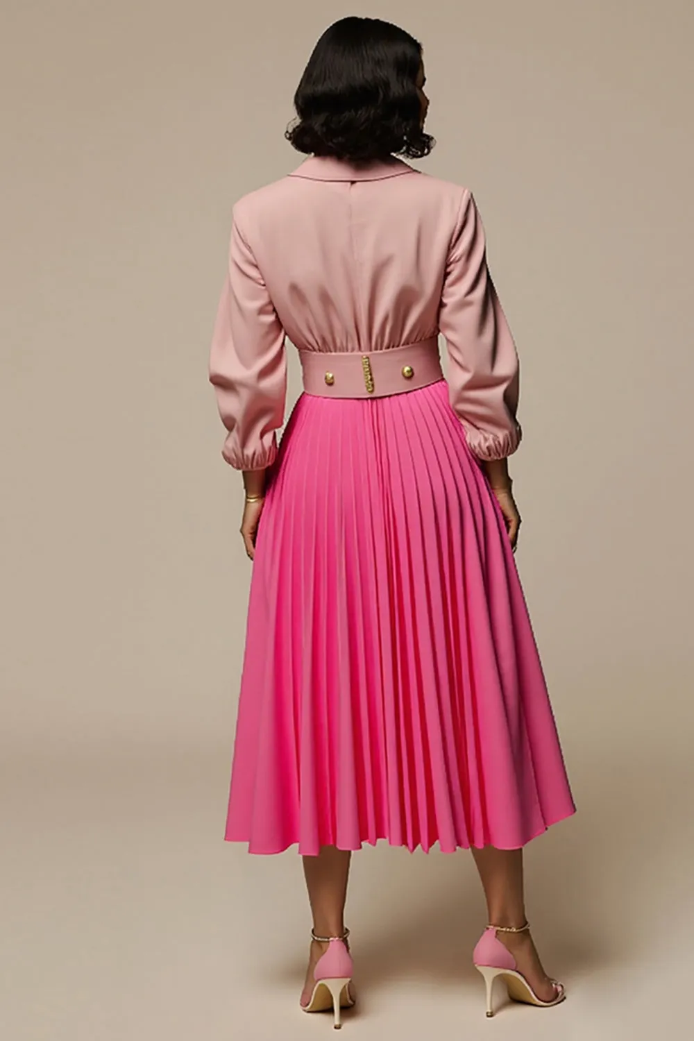 Fuchsia Notched Lapel Long Sleeve Work Dress sold by Zapaka product image thumbnail 2
