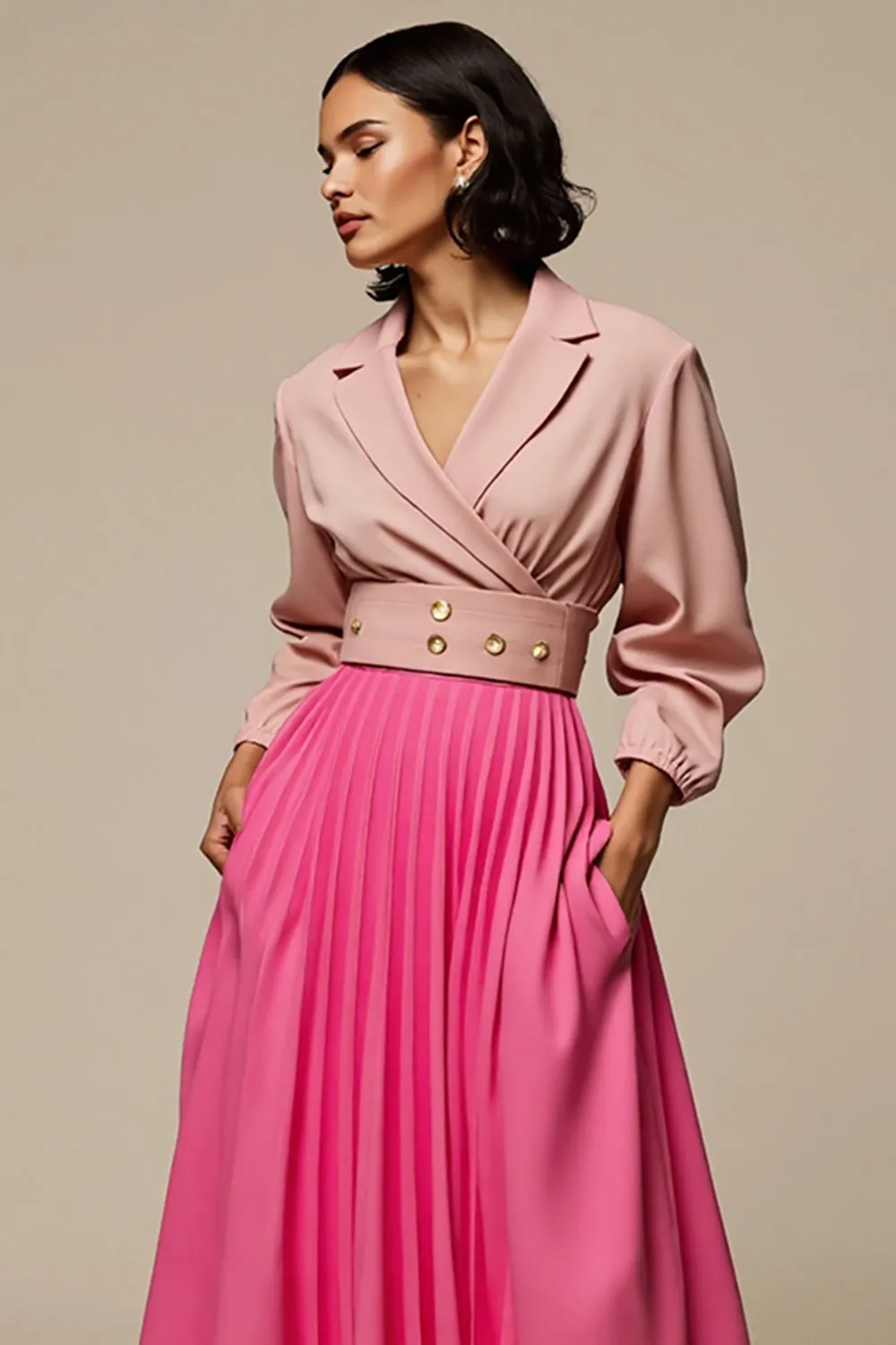 Fuchsia Notched Lapel Long Sleeve Work Dress sold by Zapaka product image thumbnail 3