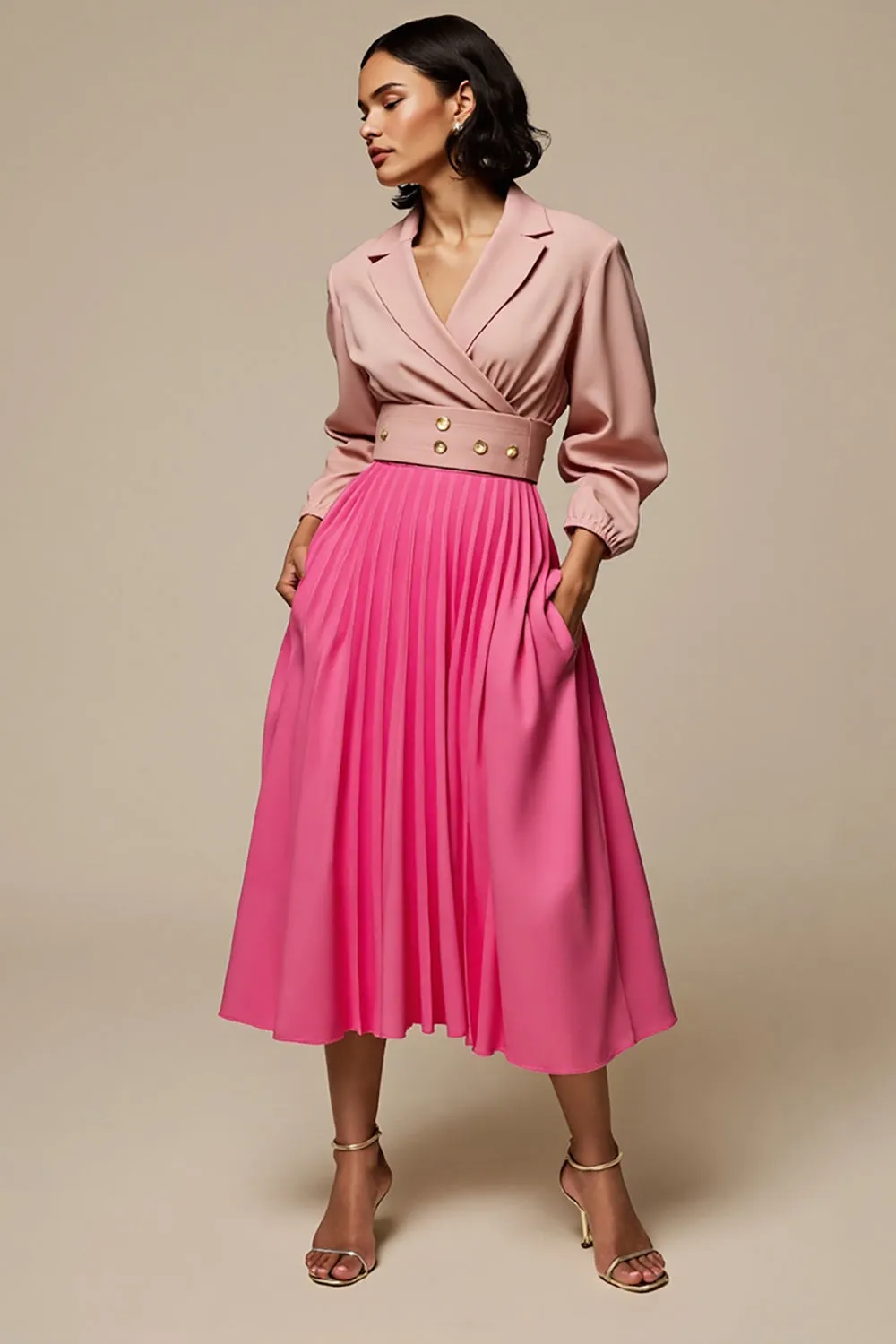 Fuchsia Notched Lapel Long Sleeve Work Dress sold by Zapaka