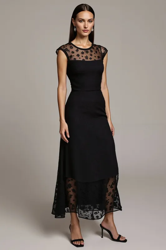 A Line Black Long Lace Work Dress sold by Zapaka