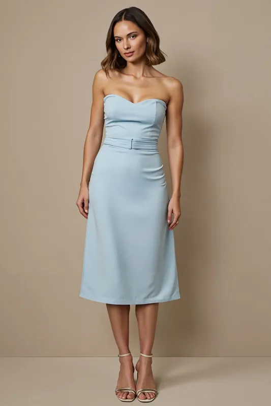Strapless A Line Blue Midi Wedding Guest Dress sold by Zapaka