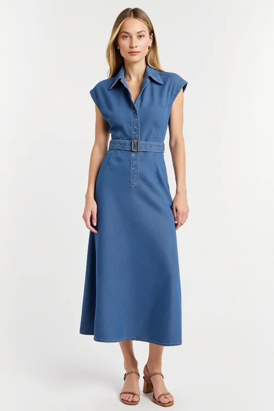 Grey Blue Cap Sleeves Sheath Maxi Work Dress with Belt sold by Zapaka