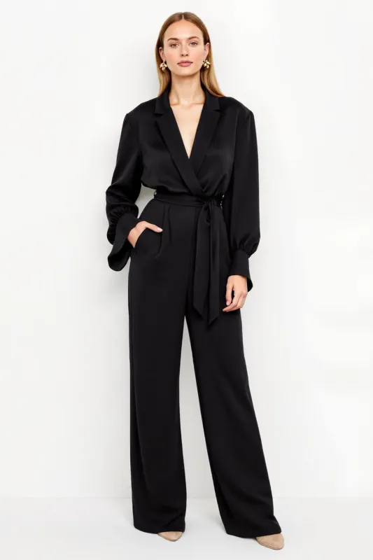 Black Notched Lapel Jumpsuit with Belt sold by Zapaka