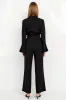 Black Peak Lapel Jumpsuit with Belt sold by Zapaka