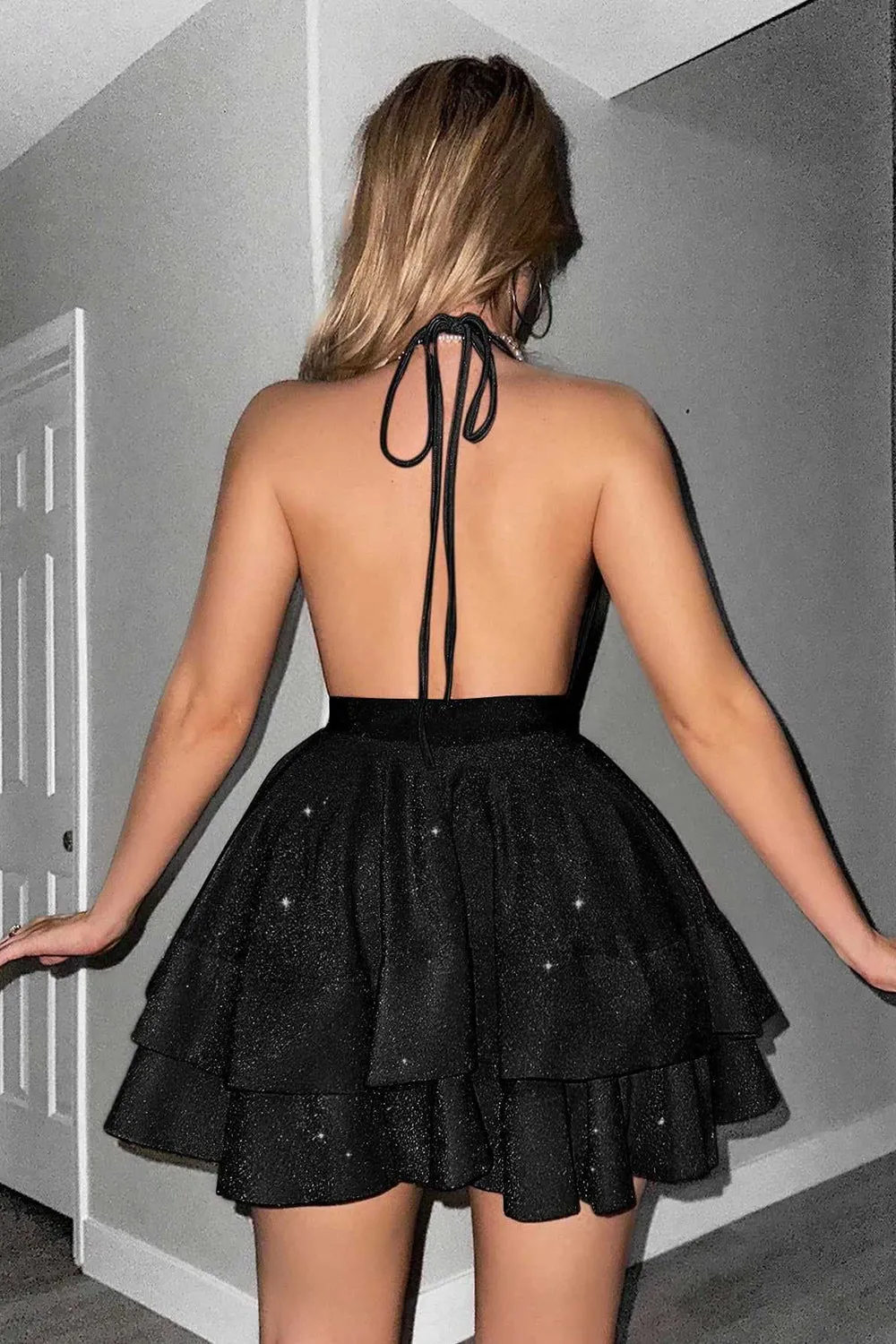 Glitter Black A Line Halter Tiered Short Homecoming Dress sold by Zapaka product image thumbnail 2