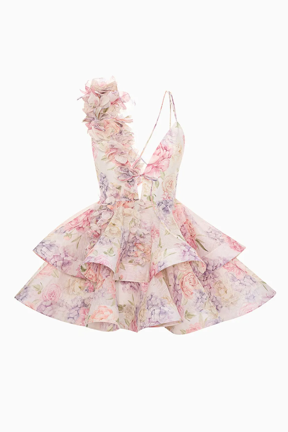 Pink Floral A Line Tiered Short Homecoming Dress with Ruffles sold by Zapaka