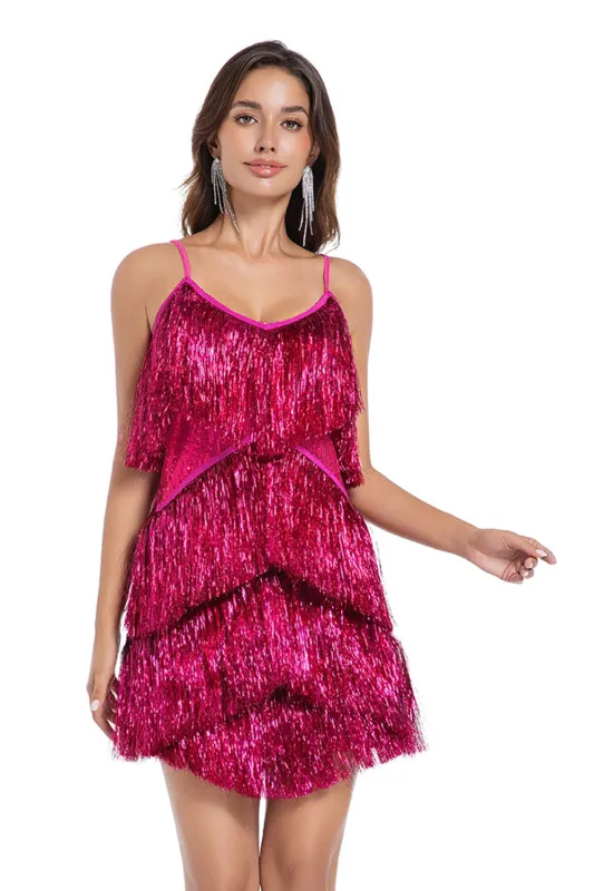 Sparkly Fuchsia Spaghetti Straps Tiered Short Homecoming Dress with Fringes sold by Zapaka
