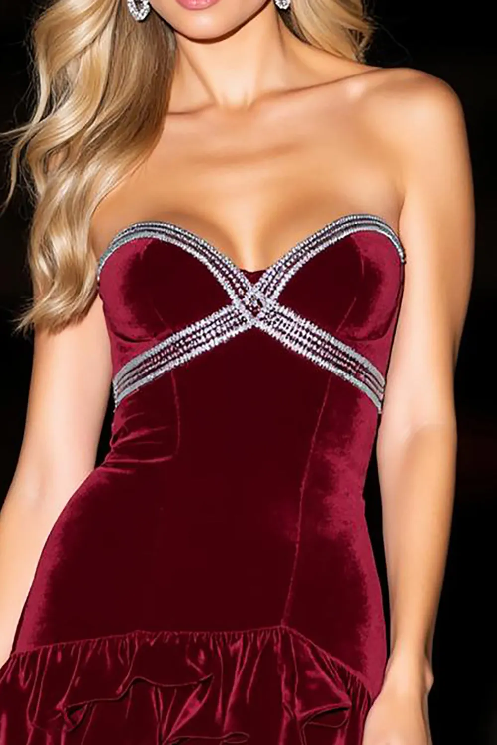Burgundy A-Line Strapless Ruffled Velvet Short Cocktail Dress sold by Zapaka product image thumbnail 3