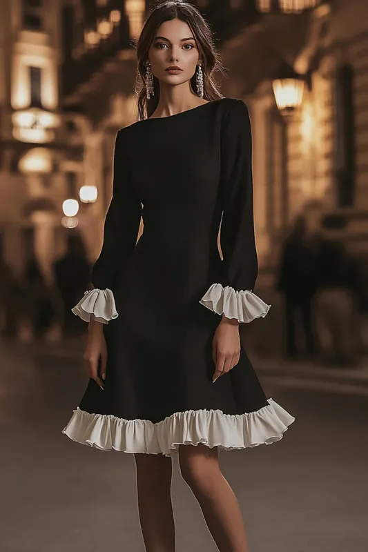 Ivory Black A-Line Ruffled Cocktail Dress with Sleeves sold by Zapaka