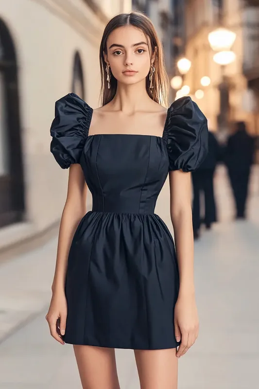Navy Square Neck Ruched Short Cocktail Dress with Puff Sleeves sold by Zapaka