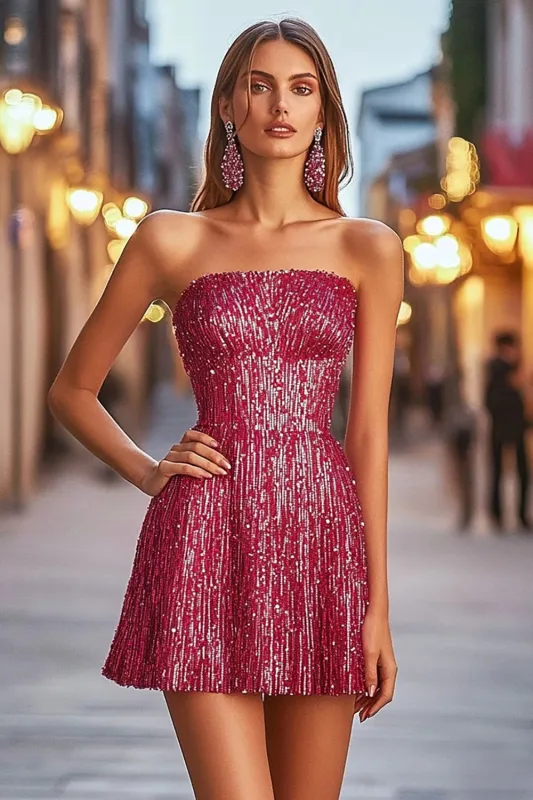 Fuchsia A-Line Strapless Short Cocktail Dress with Sequins sold by Zapaka
