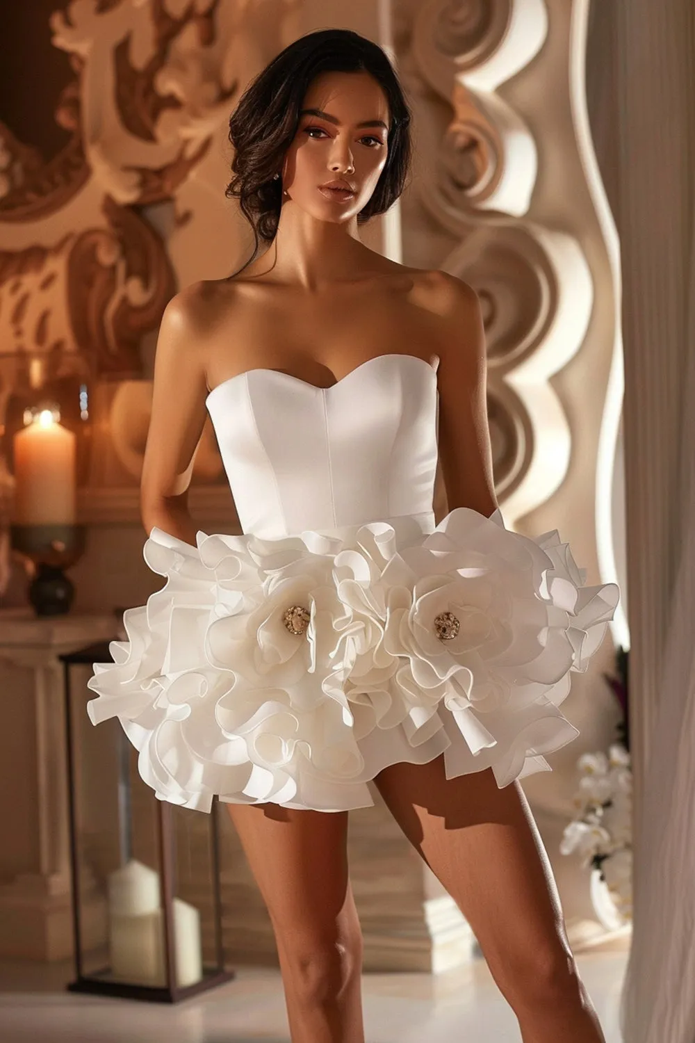 White Sweetheart Floral Satin Short Homecoming Dress with Ruffles sold by Zapaka