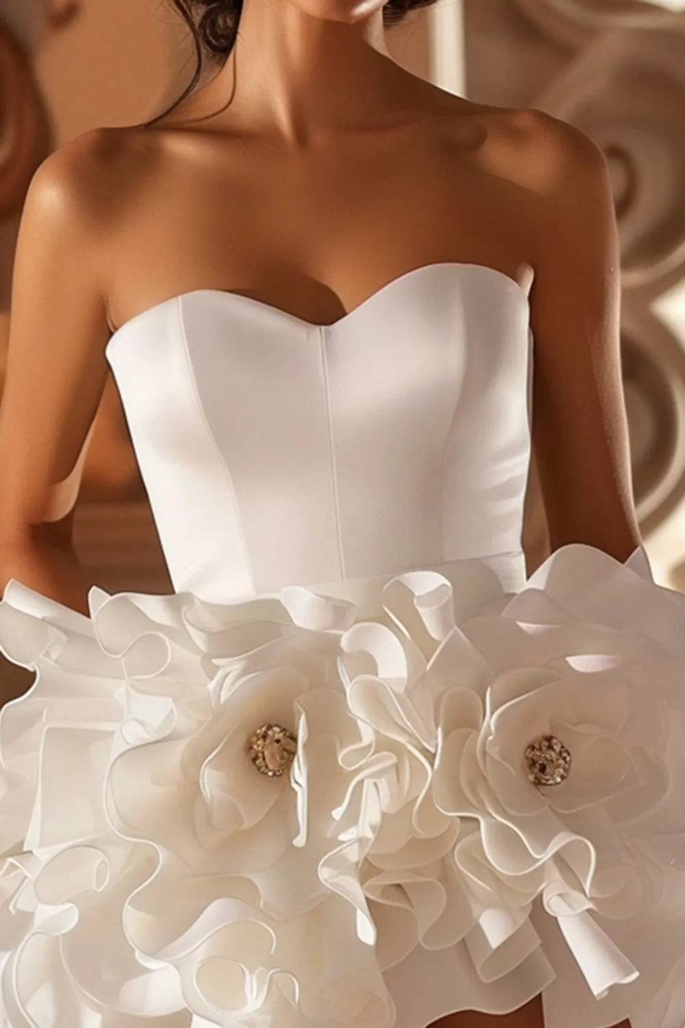 White Sweetheart Floral Satin Short Homecoming Dress with Ruffles sold by Zapaka product image thumbnail 2