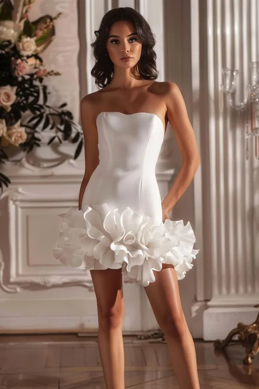 White Strapless Satin Short Homecoming Dress with Ruffles sold by Zapaka