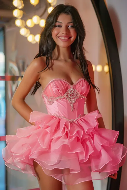 Sparkly Hot Pink Sweetheart A Line Short Homecoming Dress with Ruffles sold by Zapaka