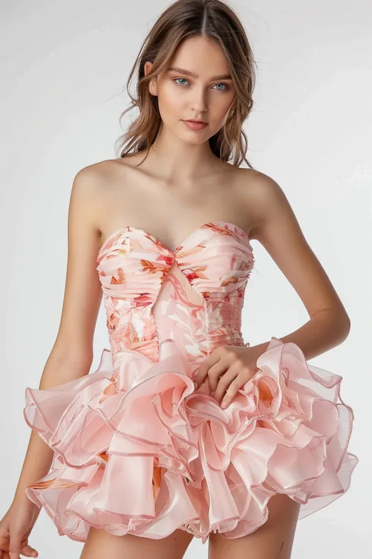 Floral Pink Strapless Homecoming with Ruffles sold by Zapaka