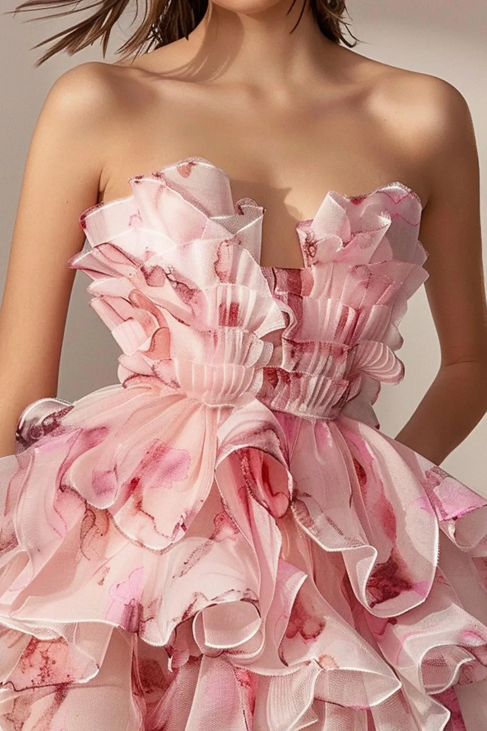 Pink Floral Ruffled Strapless A Line Homecoming Dress sold by Zapaka product image thumbnail 2