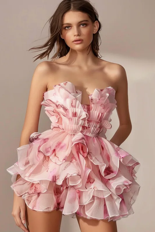 Pink Floral Ruffled Strapless A Line Homecoming Dress sold by Zapaka