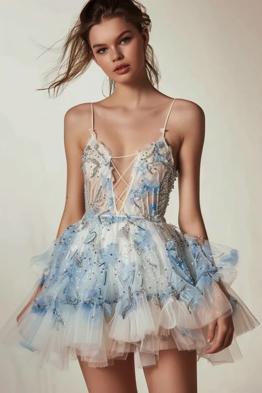 White Blue Floral Ruffled Spaghetti Straps Homecoming Dress sold by Zapaka