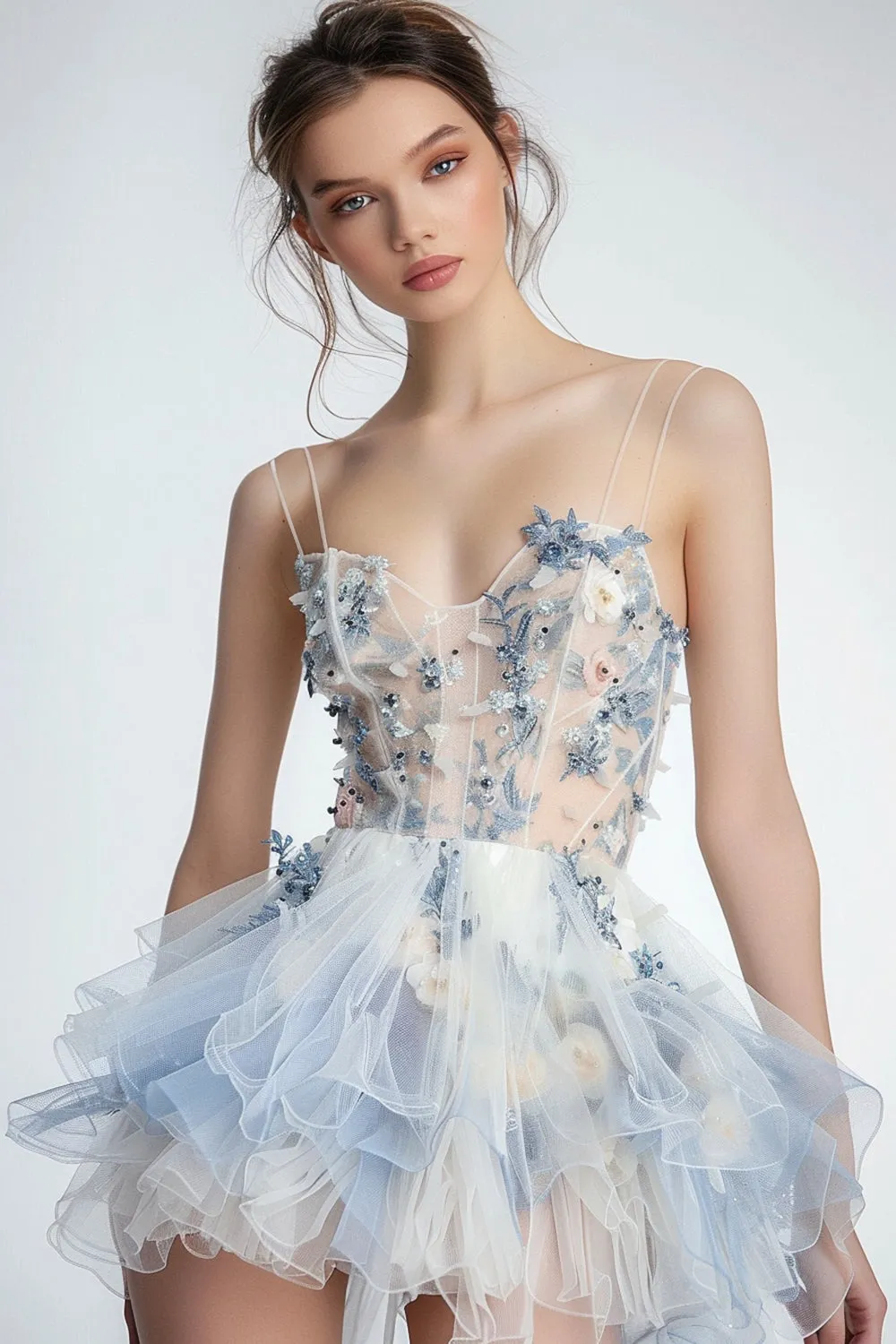 White Blue Floral Spaghetti Straps A Line Homecoming Dress sold by Zapaka