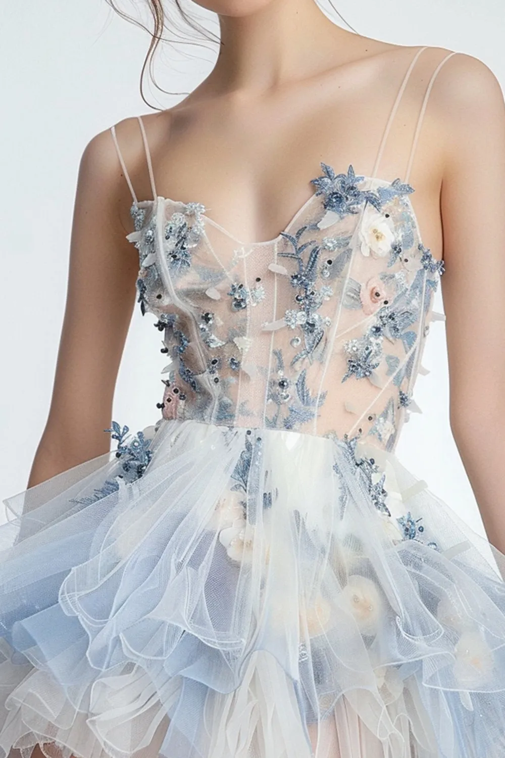 White Blue Floral Spaghetti Straps A Line Homecoming Dress sold by Zapaka product image thumbnail 2