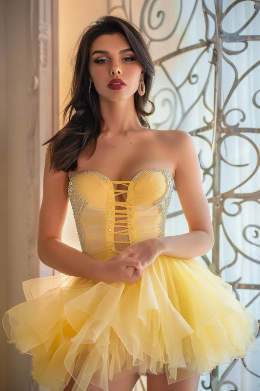 Strapless Ruffled A Line Yellow Homecoming Dress sold by Zapaka