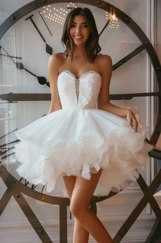 White Strapless A Line Homecoming Dress with Ruffles sold by Zapaka