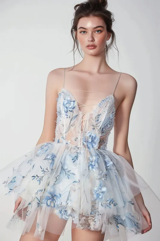 White Blue Floral Spaghetti Straps A Line Homecoming Dress sold by Zapaka