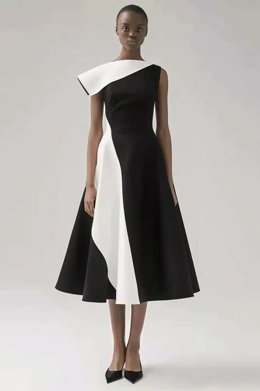 Black and White One Shoulder A Line Midi Cocktail Dress sold by Zapaka