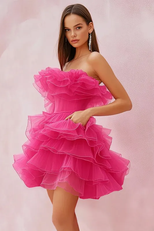 Fuchsia Strapless A-Line Ruffled Short Cocktail Dress sold by Zapaka